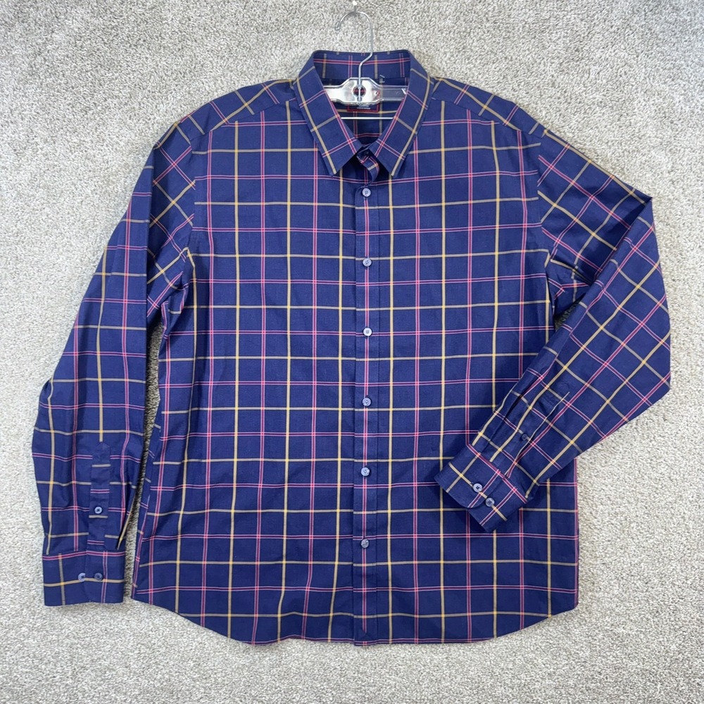 UNTUCKit‎ Georgio WF Button Down Shirt Mens XXL Navy Blue Slim Fit Plaid 40991